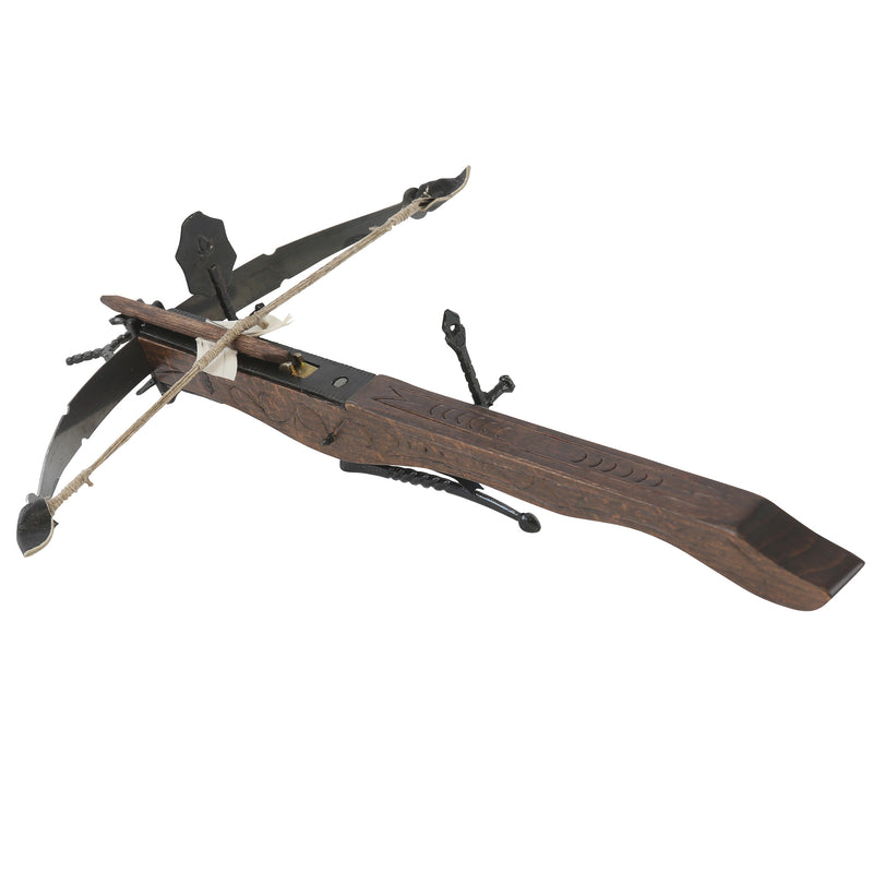 Wooden mini European crossbow with bolt back left view