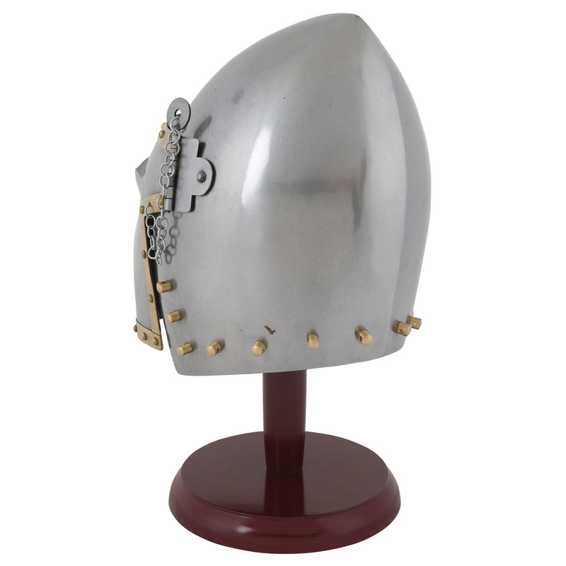 Pig-face bascinet replica helmet on wooden stand back left view