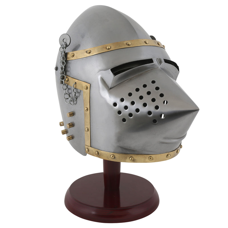 Pig-face bascinet replica helmet on wooden stand right side view
