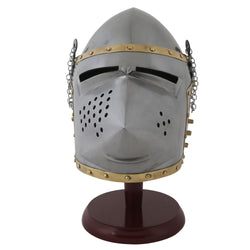 Pig-face bascinet replica helmet on wooden stand front view
