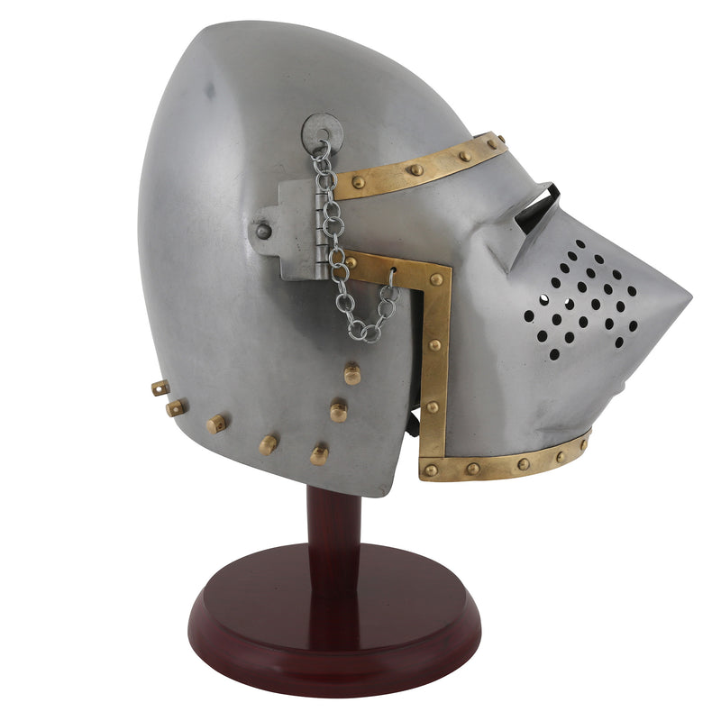 Pig-face bascinet replica helmet on wooden stand right side profile