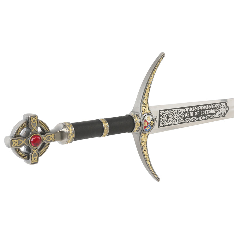 Robin Hood replica sword crossguard pommel and hilt with blade etching reading 'robin of locksley' at an angle