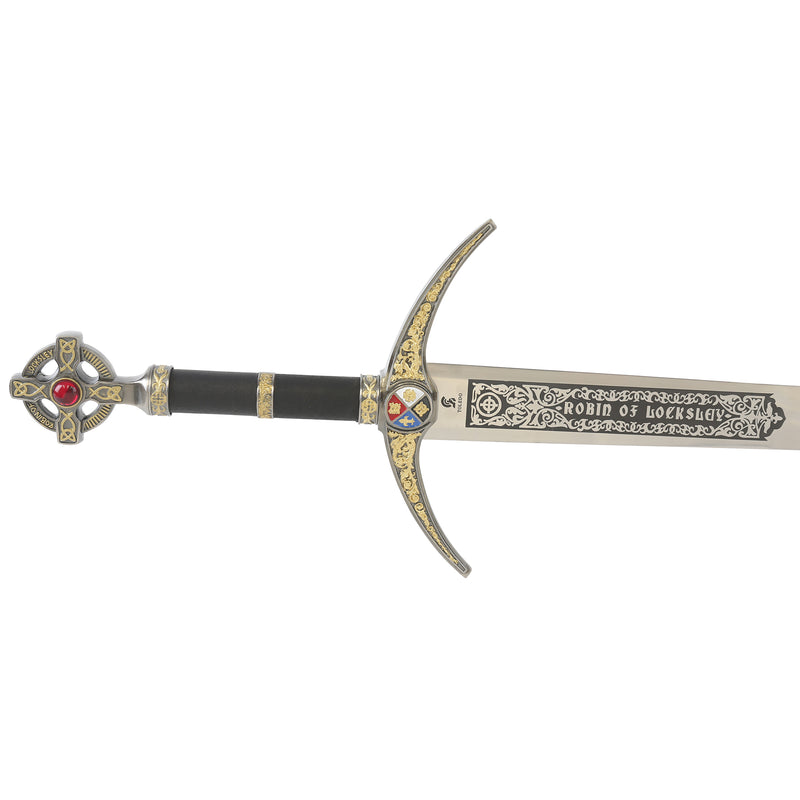 Robin Hood replica sword crossguard pommel and hilt with blade etching reading 'robin of locksley'