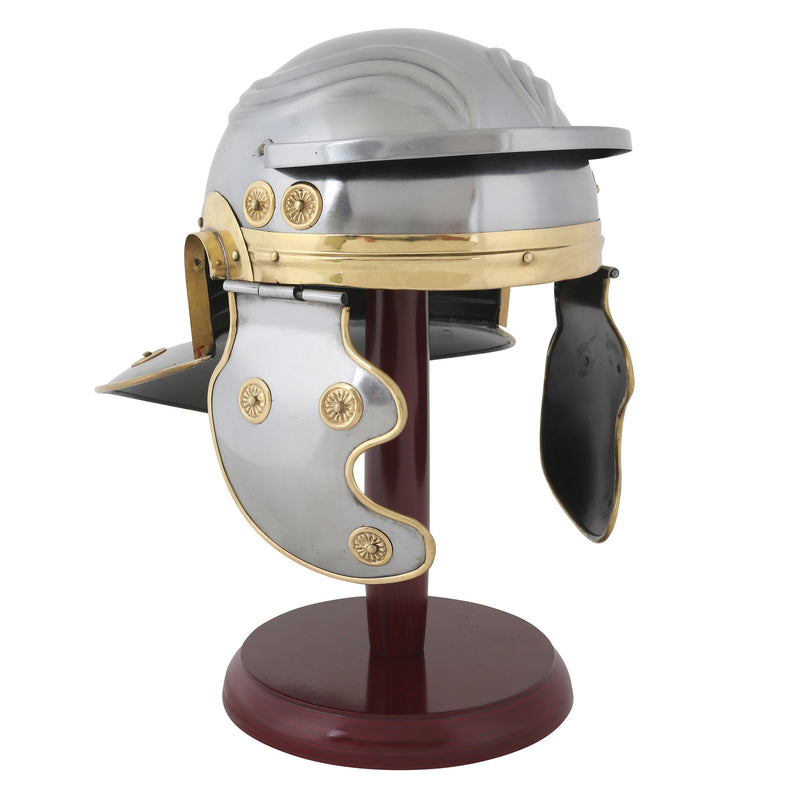 Roman legionnaire’s helmet on wooden stand front right view