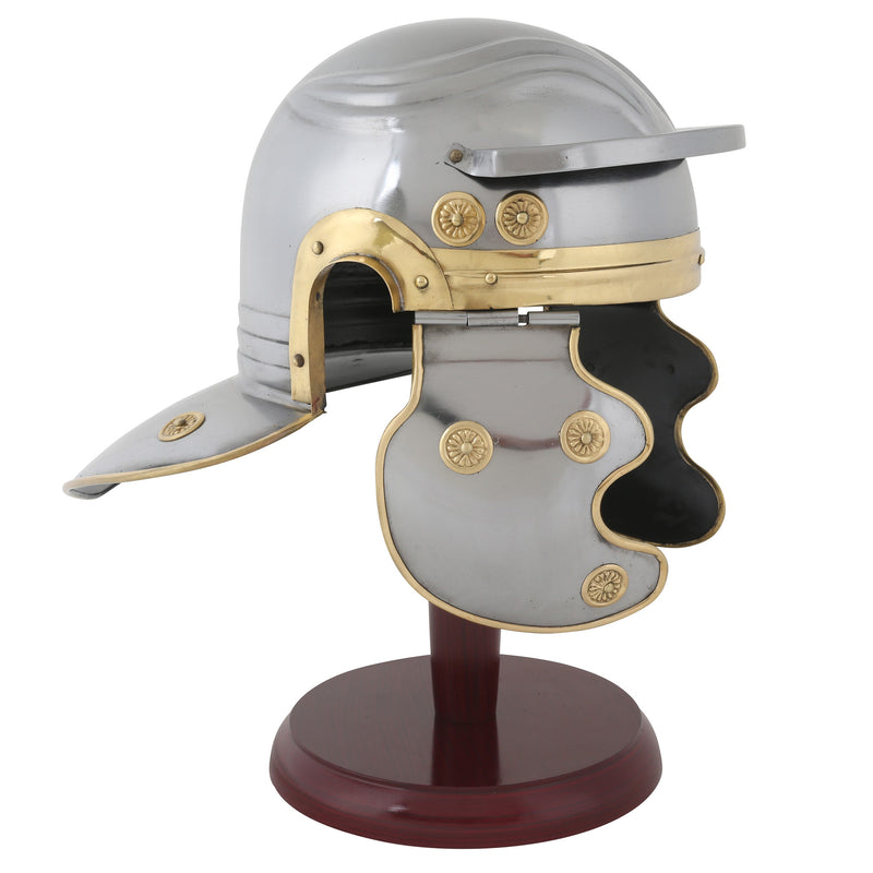 Roman legionnaire’s helmet on wooden stand right side profile