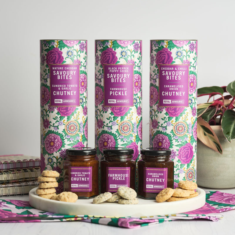 Full range of Indian Dagger collection savoury bites in floral tubes with mini jars of chutney or pickle