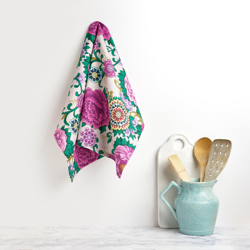 Indian dagger collection floral tea towel hanging next to kitchen utensils