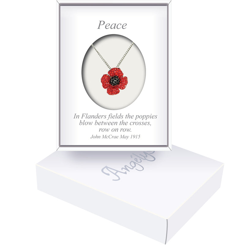 Small four petal poppy necklace red enamel with red stones in branded box