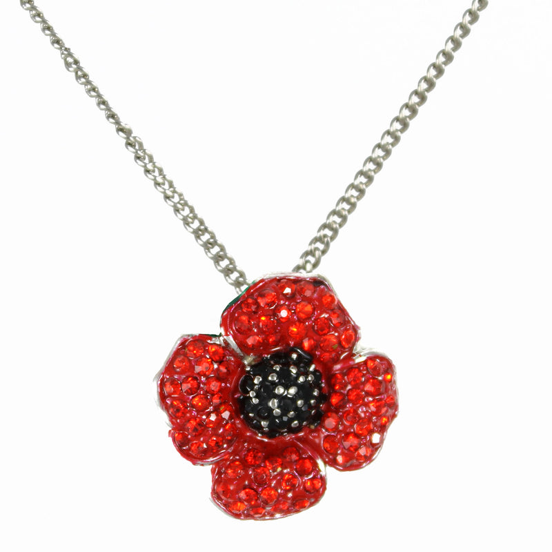 Small four petal poppy necklace red enamel with red stones