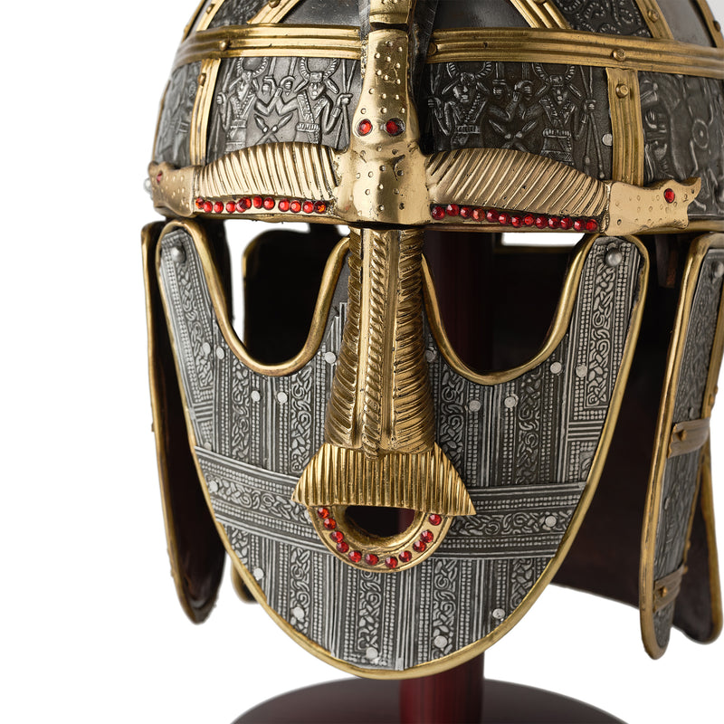 Sutton Hoo Helmet on wooden display stand close up face detail