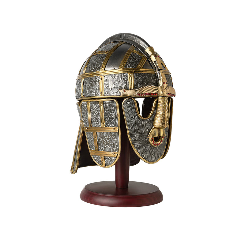 Sutton Hoo Helmet on wooden display stand front right view