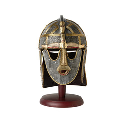 Sutton Hoo Helmet on wooden display stand front view
