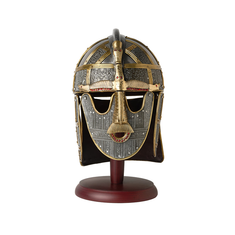Sutton Hoo Helmet on wooden display stand front view