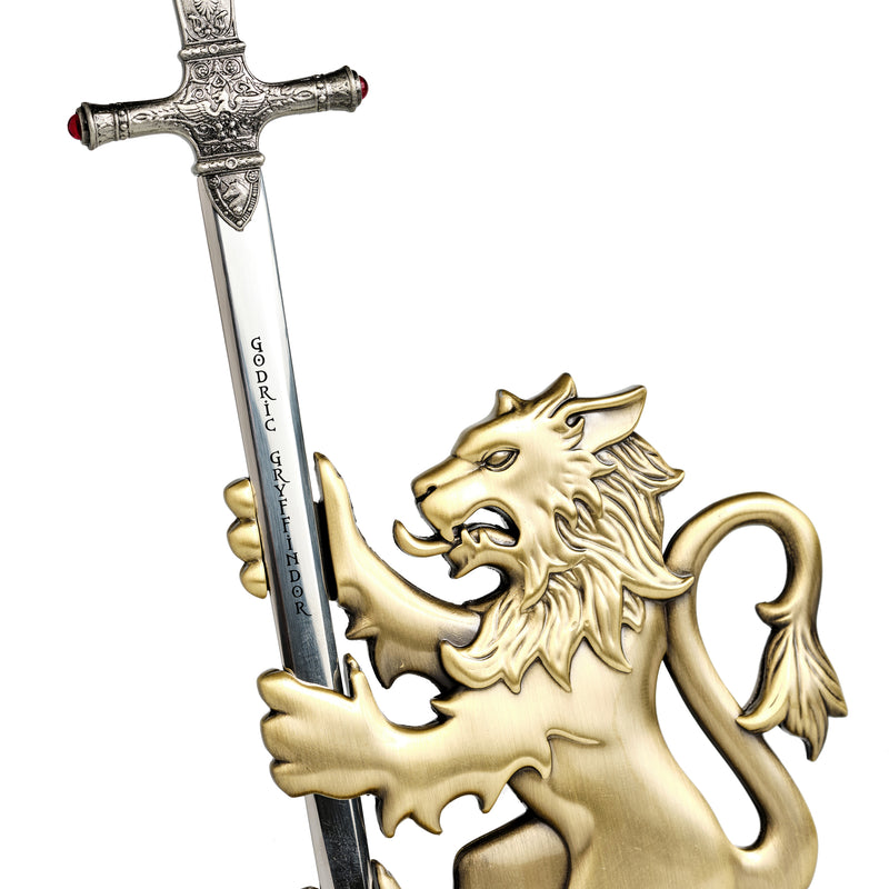 Blade text - Harry Potter sword of Godric Gryffindor mini sword letter opener in gold lion stand
