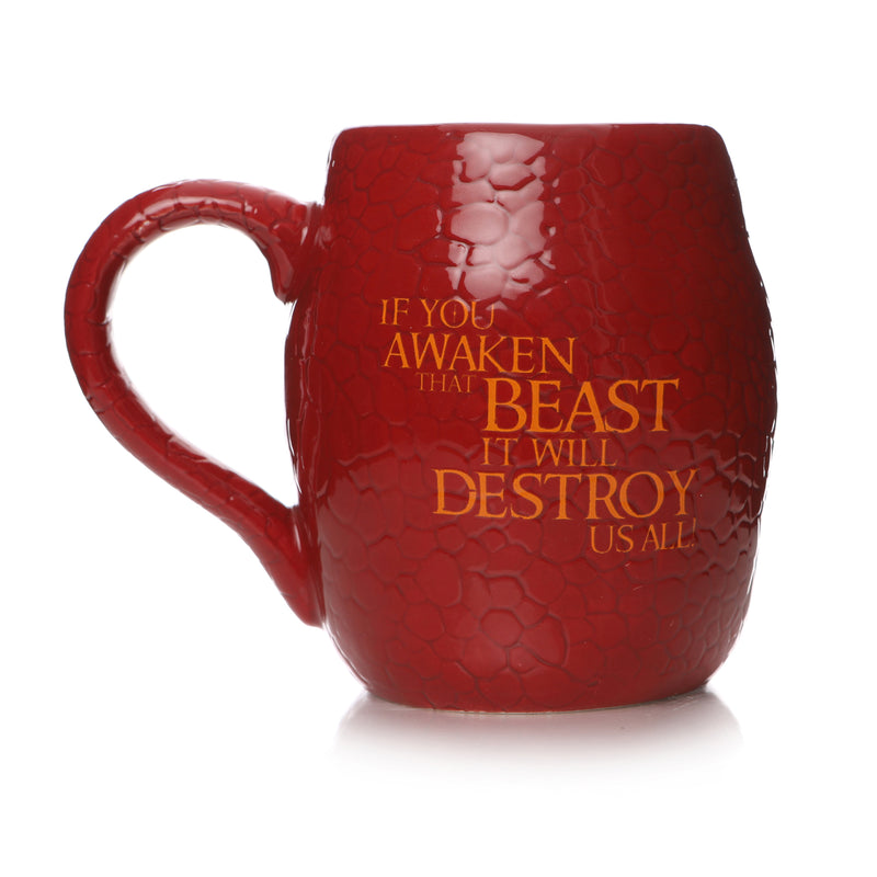 Back view of the red smaug mug. In the centre there is gold text reading 'if you awaken the beast it will destroy us all!'