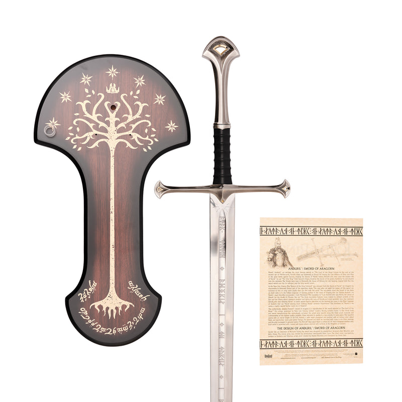 Anduril Sword of King Elessar hilt with wooden plaque and certificate