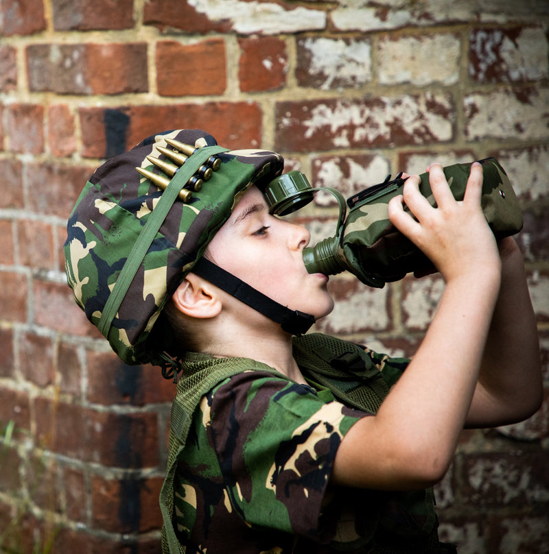 child drinking from Children’s camo water bottle in woodland DPM 