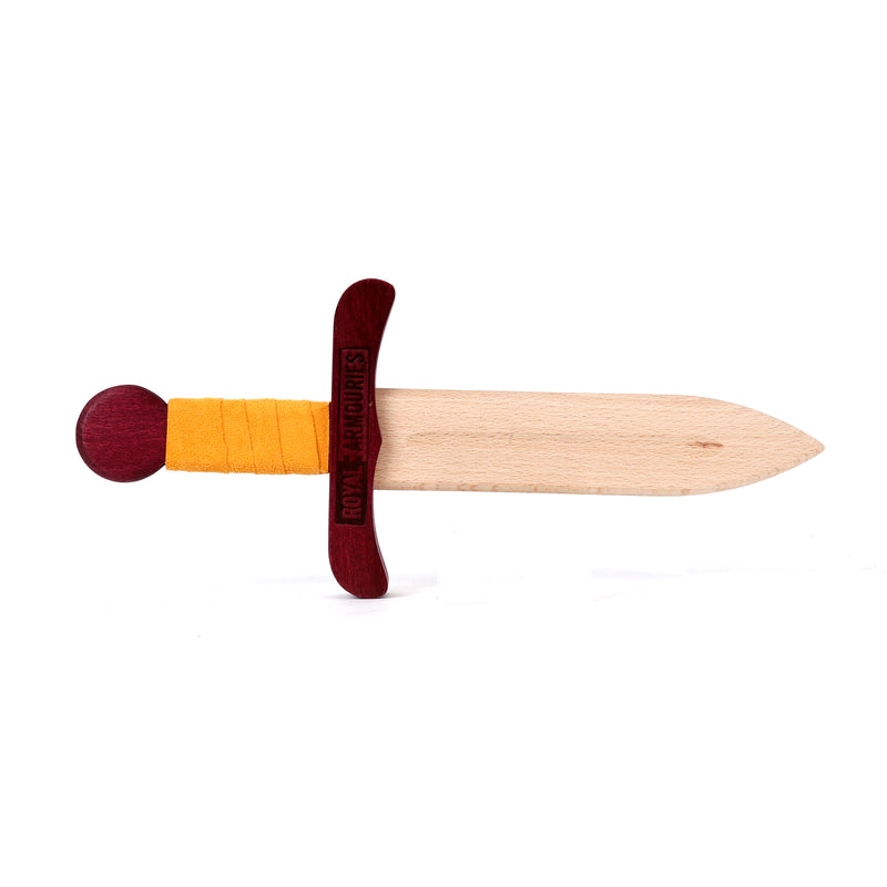 Wooden dagger burgundy and mustard unsheathed logo side