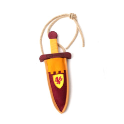 Wooden dagger with scabbard burgundy and mustard sheathed