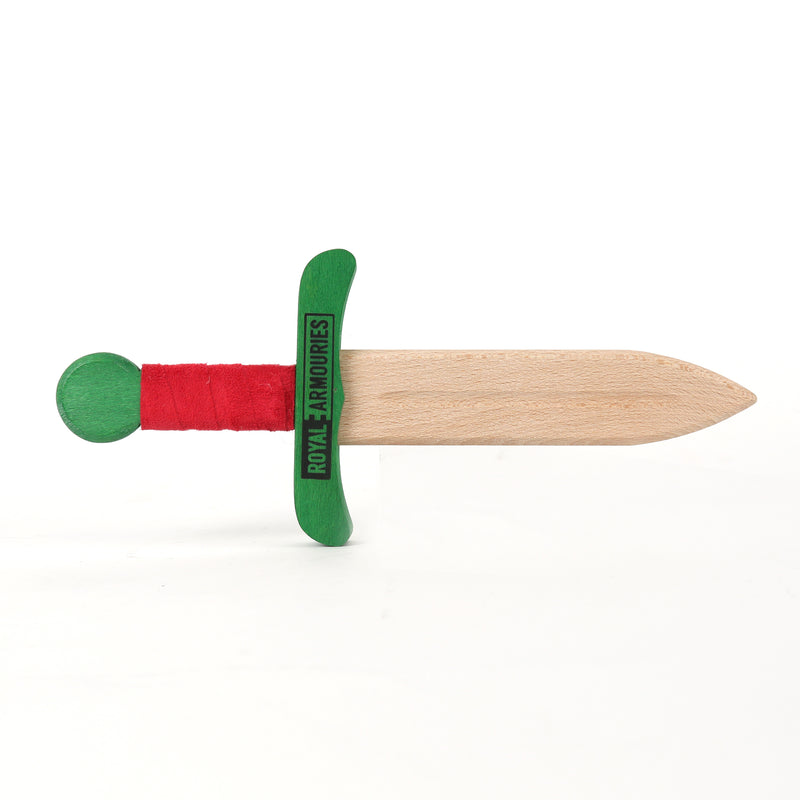 Wooden dagger Green and Red Handle unsheathed logo side