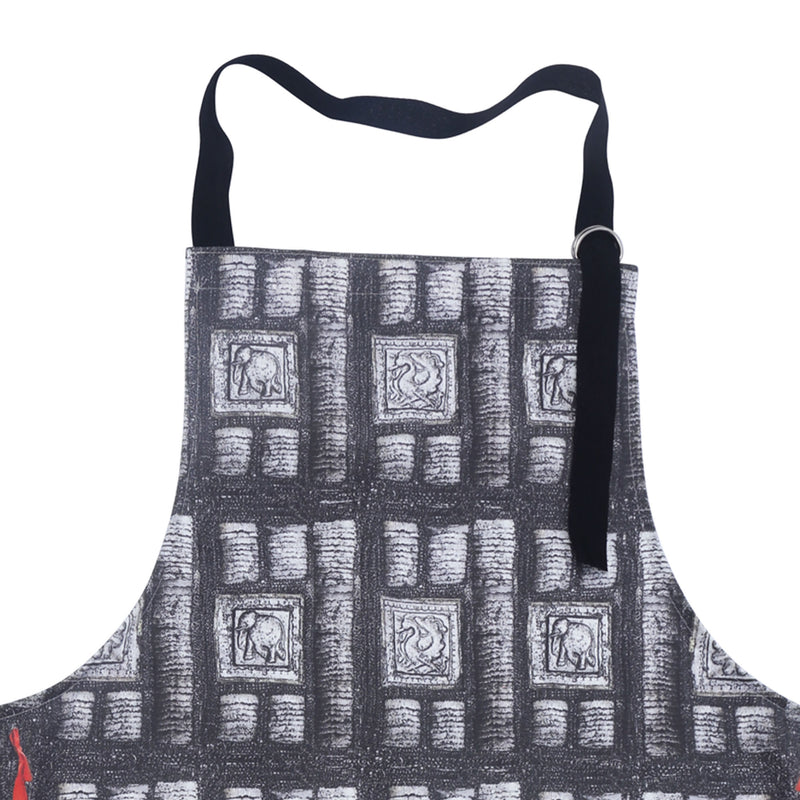 Grey and red elephant armour print apron close up of neckline