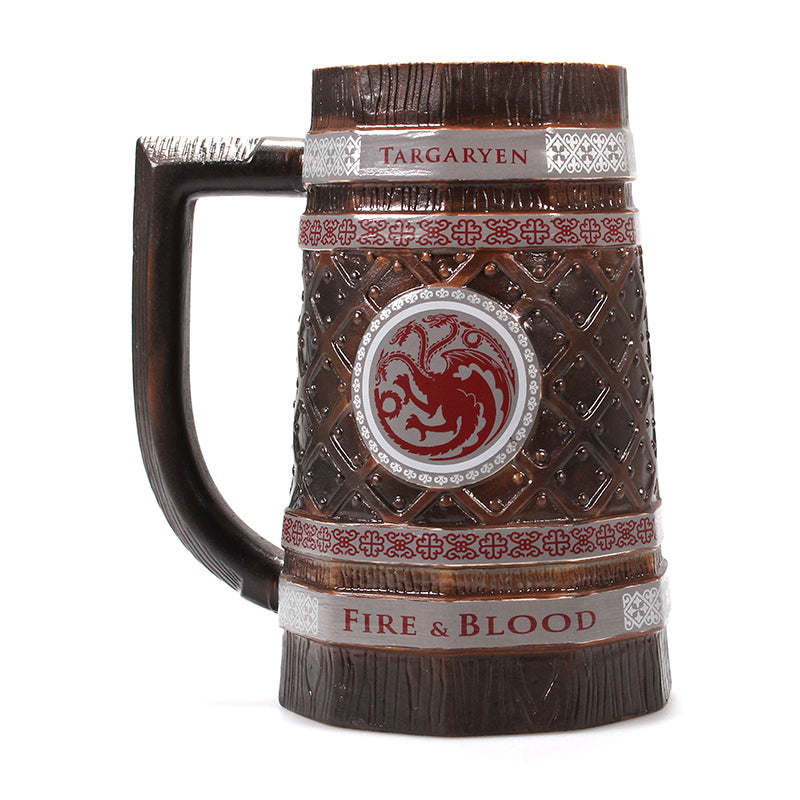 Game of Thrones House targaryen 'fire &blood' decal wooden effect stein mug left side view