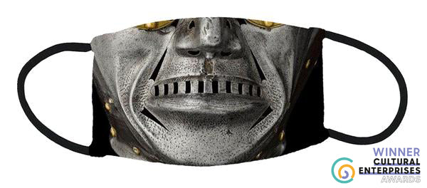 The horned Helmet cloth face covering with cultural enterprises awards winner logo