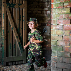 child wearing Childrens camoflauge uniform in woodland DPM