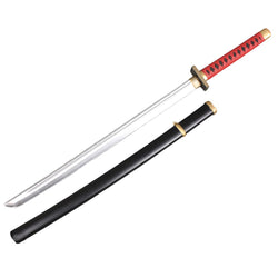 Red handled toy Japanese samurai katana sword next to scabbard