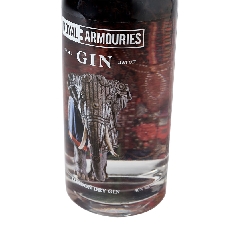 Bottle of Royal Armouries Collaboration with Coastal Distillery Gin featuring an image of the Elephant Armour close up of elephant 