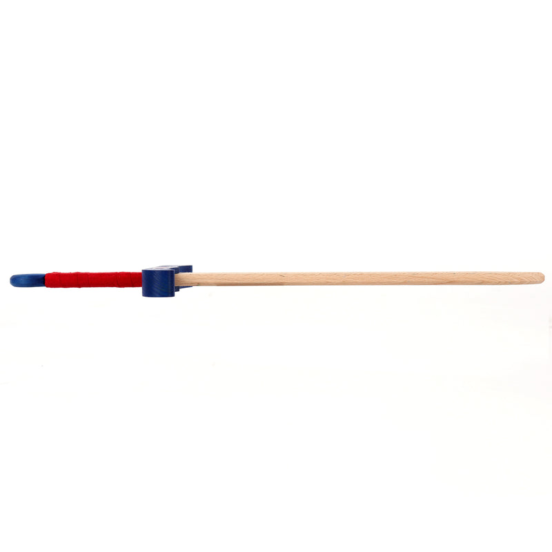 Colourful wooden sword Blue and Red unsheathed view of edge
