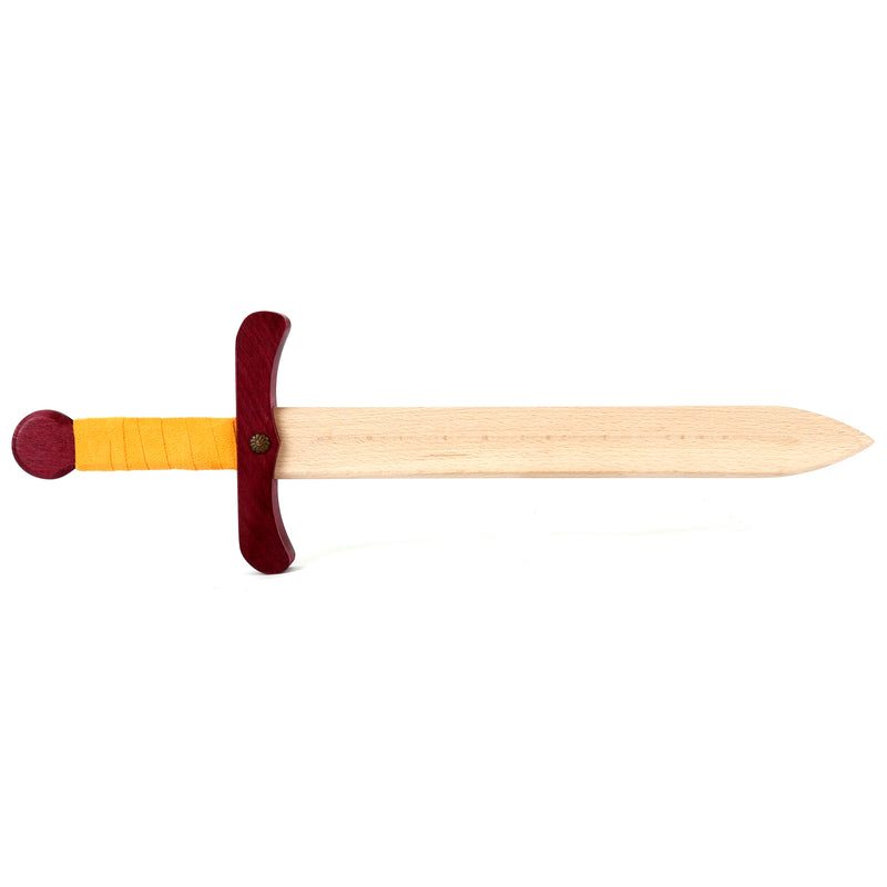 Colourful wooden sword burgundy and mustard unsheathed