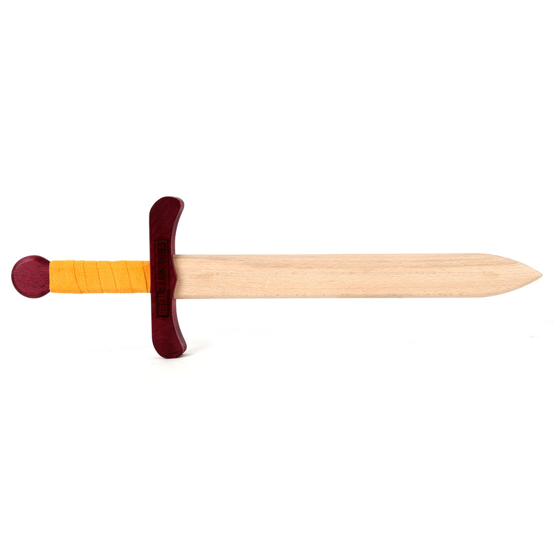 Colourful wooden sword burgundy and mustard unsheathed logo side