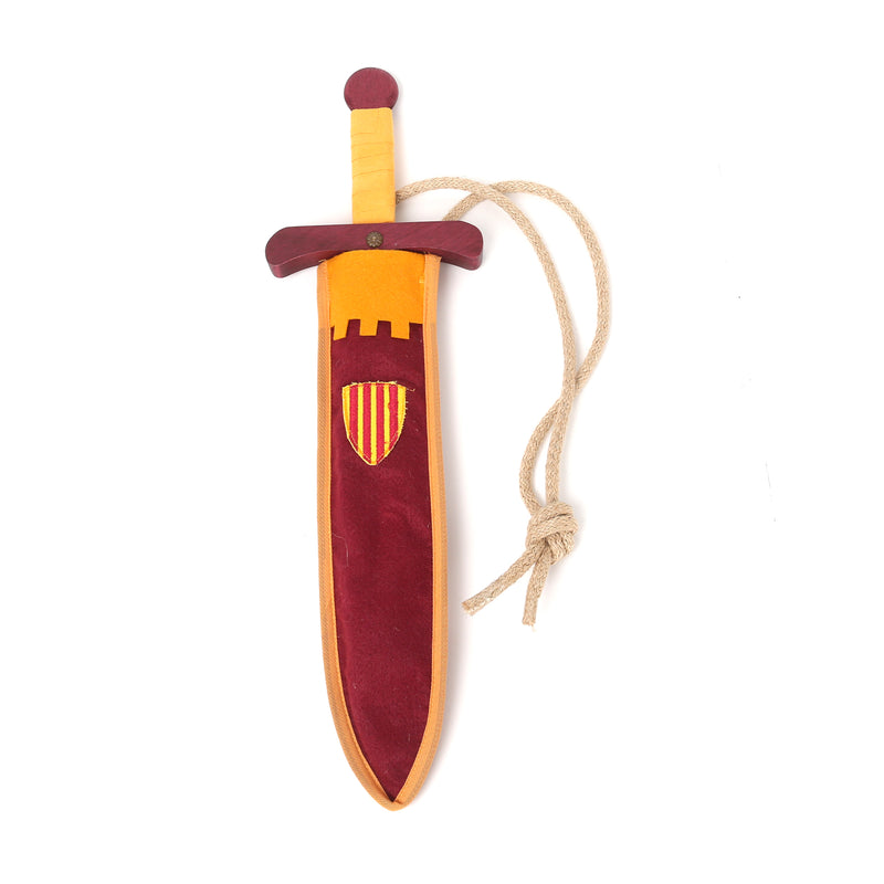Colourful wooden sword with scabbard burgundy and mustard sheathed