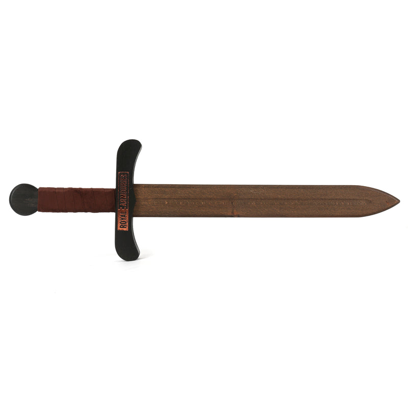 Colourful wooden sword unsheathed logo side