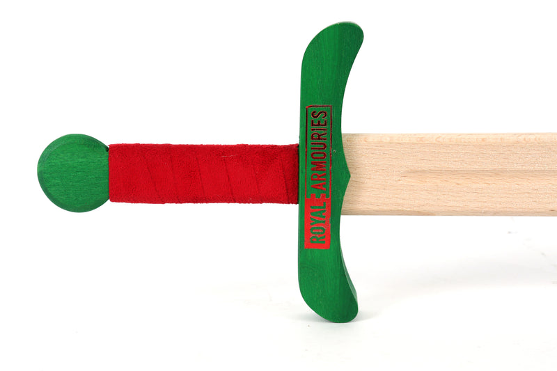 Colourful wooden sword red and green unsheathed hilt and logo detail