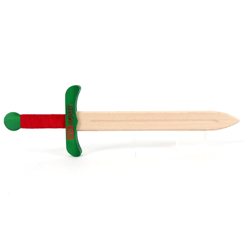 Colourful wooden sword red and green unsheathed logo side