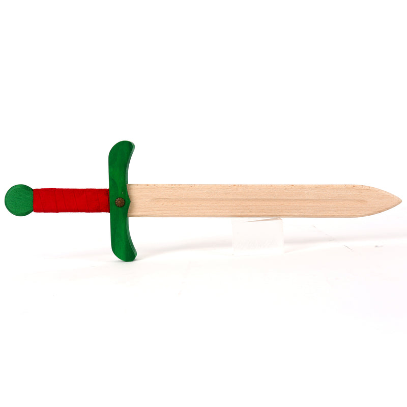 Colourful wooden sword red and green unsheathed 