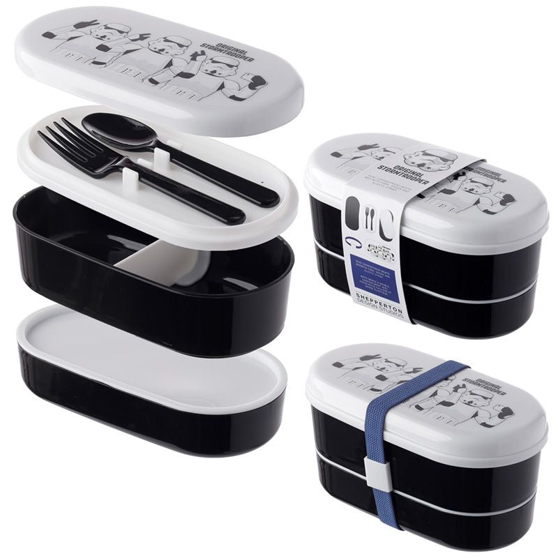 Stormtrooper Stacked Bento Box Lunch Box with Fork & Spoon open box displayed next to closed box with fastening on