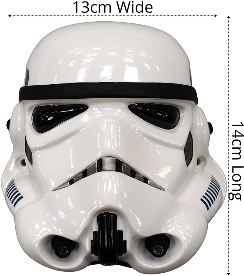 Stormtrooper Helmet Bottle Opener with two staight lines indication width and height. The width line is labelled 13cm wide and the height line is labelled 14cm long