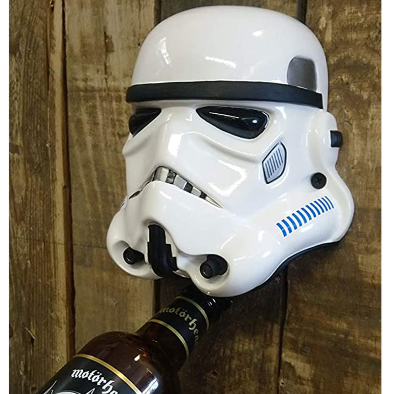 Stormtrooper Helmet Bottle Opener mounted to a wall opening a bottle