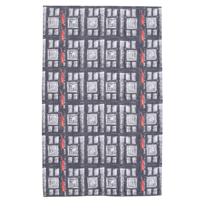 Grey and red elephant armour print tea towel full view
