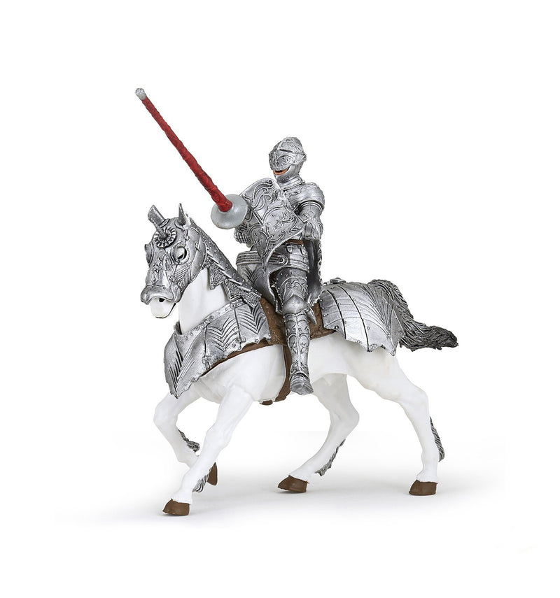 White Papo horse with silver armour with jousting knight on the back