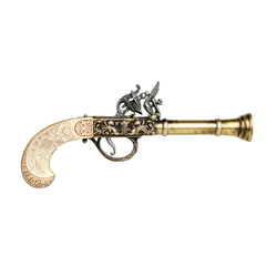 Gold 18th century flintlock pistol replica with rococo details pointing right