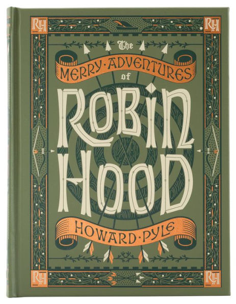 Book cover of 'The Merry Adventures of Robin Hood' by Howard Pyle with decorative elements on a green background.