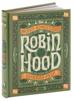 Book titled 'The Merry Adventures of Robin Hood' by Howard Pyle with decorative cover design.