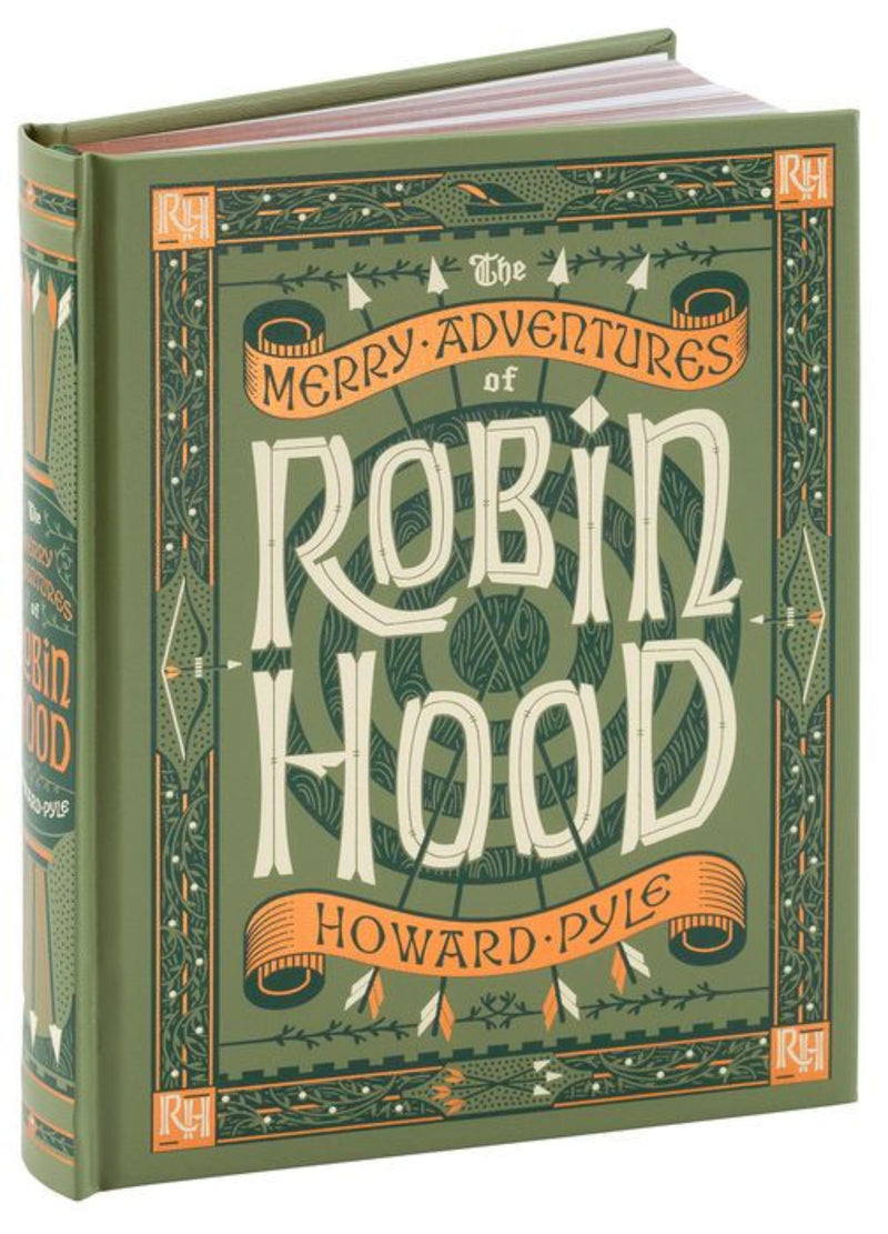 Book titled 'The Merry Adventures of Robin Hood' by Howard Pyle with decorative cover design.