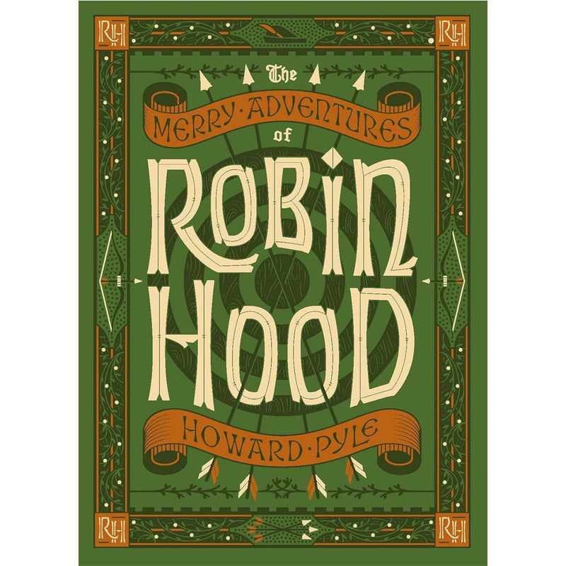 Book cover of 'The Merry Adventures of Robin Hood' by Howard Pyle with decorative elements on a green background.
