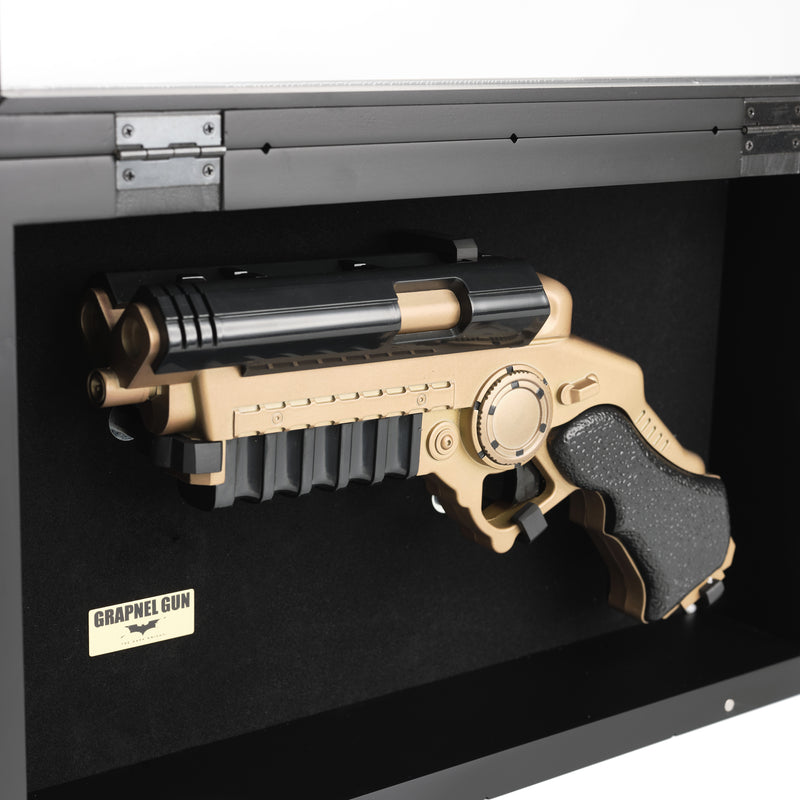 Front/side - Close up, Batman Grapple Gun Replica in Wooden case open