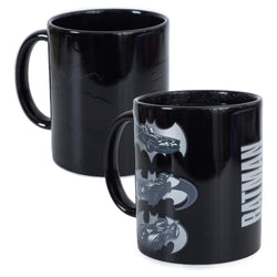 Black mugs with Batman logo and text on a white background